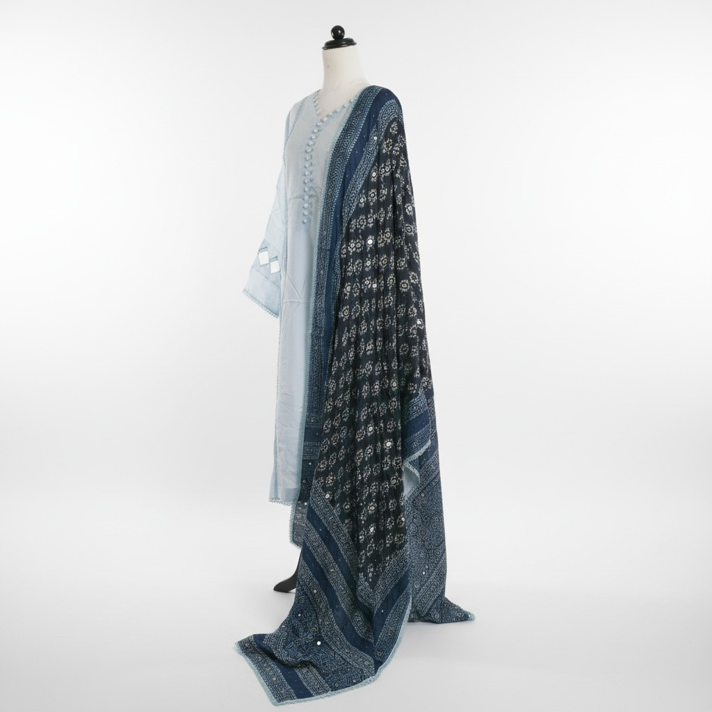 Dark & light blue ajrak silk dress Monz Fashion Dark & light blue ajrak silk dress Monz Fashion