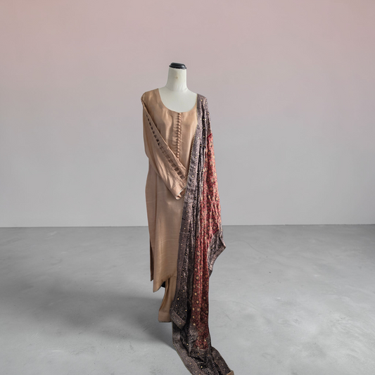 Beige & Red ajrak silk duppata dress