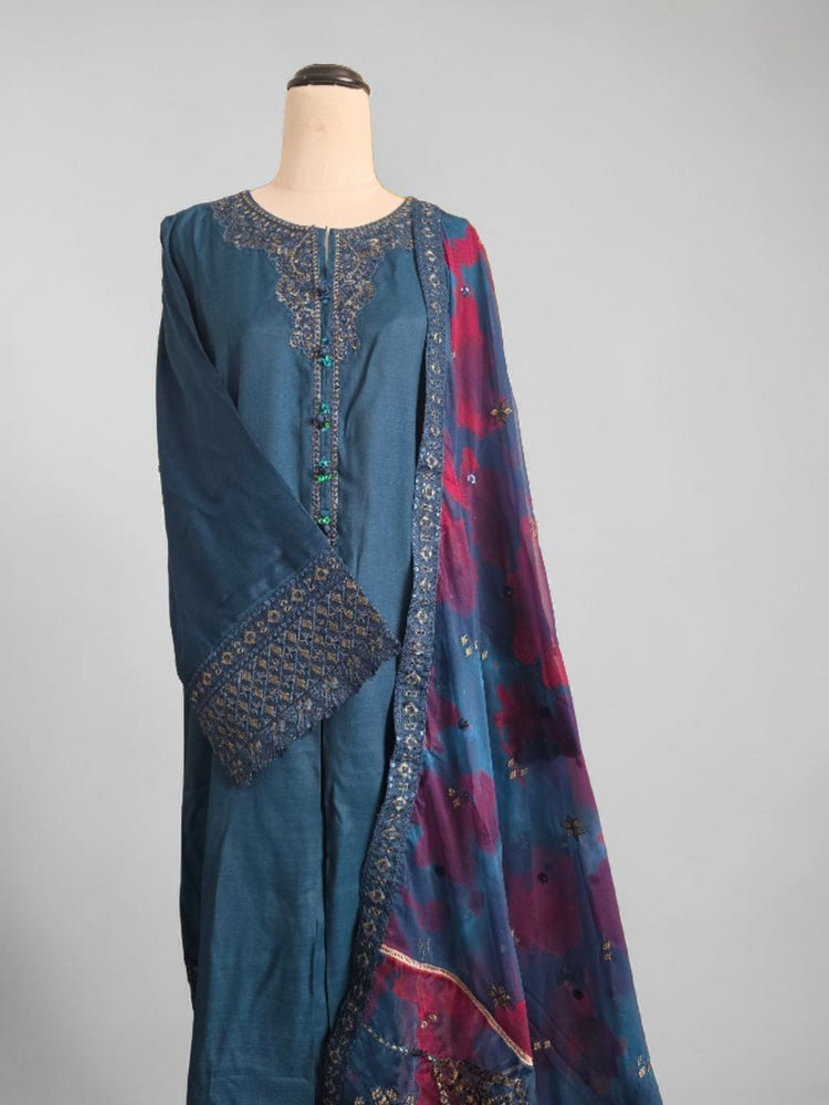 Teal-Blue Silk 3pc Dress