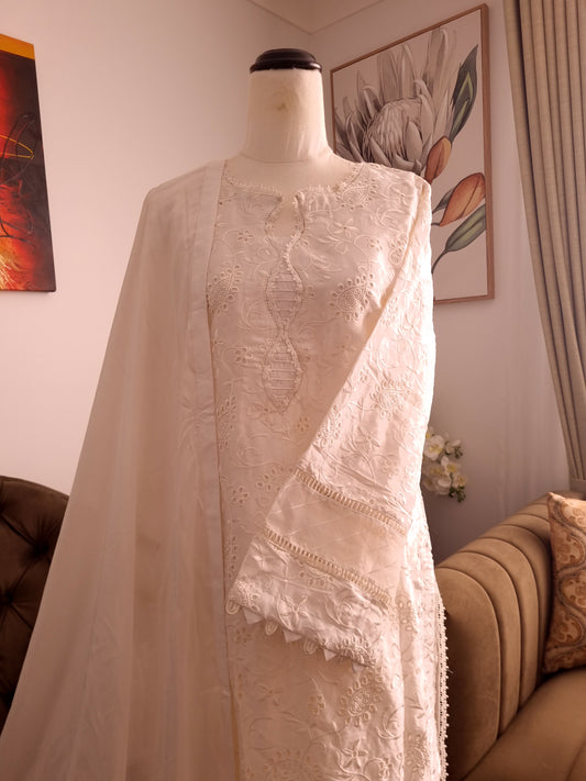 White pure silk chikenkari 3pc dress