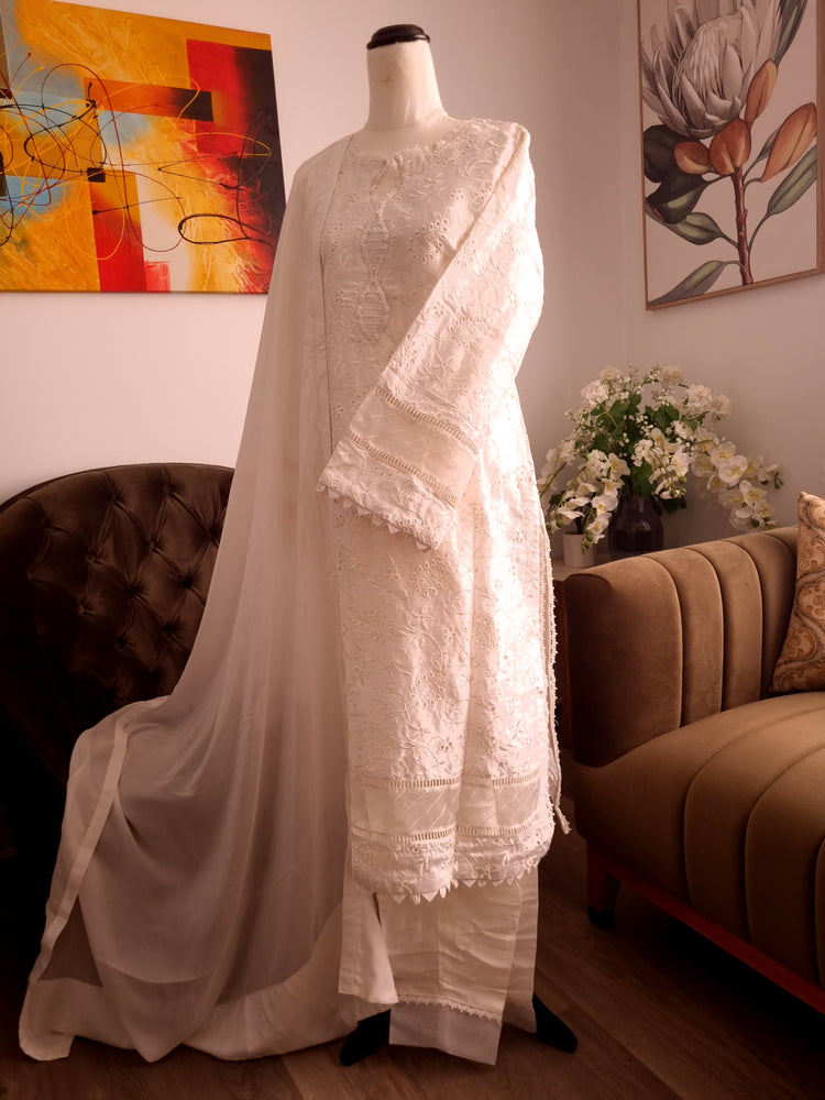 White pure silk chikenkari 3pc dress