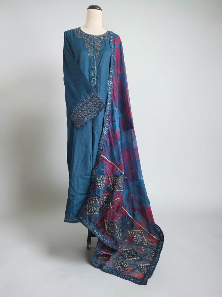 Teal-Blue Silk 3pc Dress