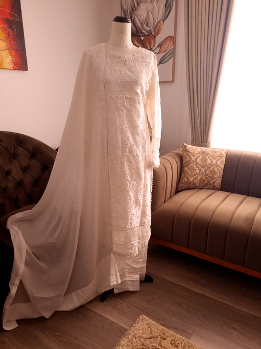White pure silk chikenkari 3pc dress