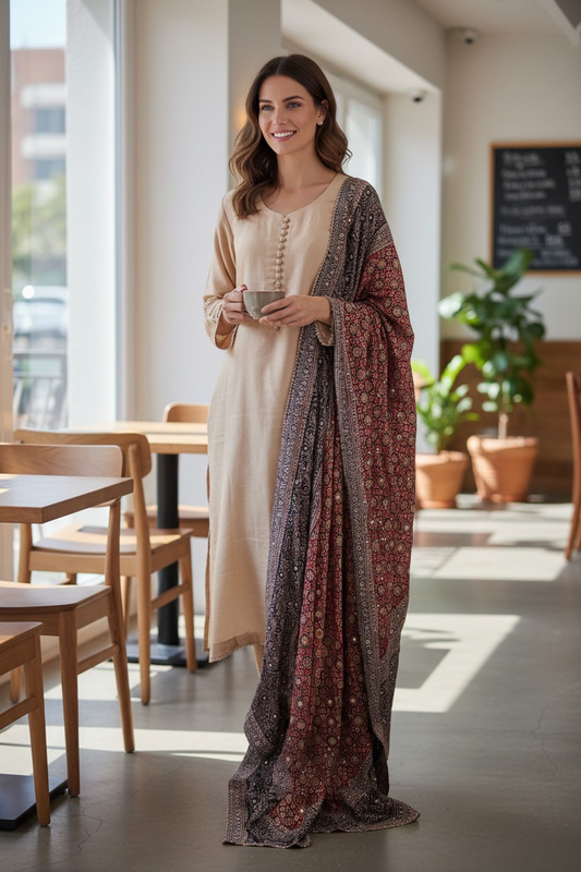 Beige & Red ajrak silk duppata dress