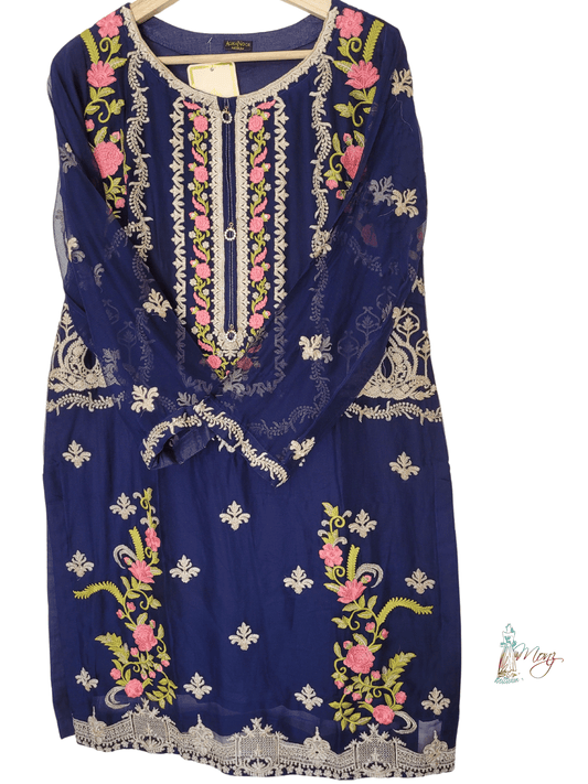 Agha Noor Embroidered Blackish Blue Chiffon 3 Piece Suit