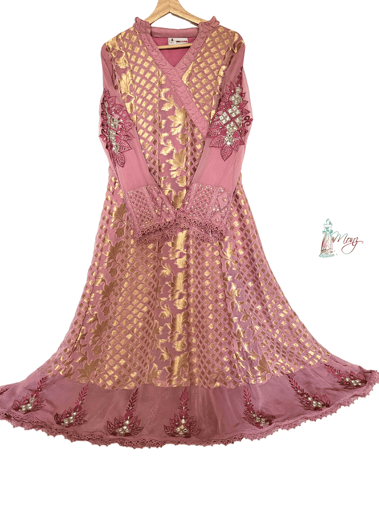 Banarsi Chiffon Mirror Work Tea Pink Anarkali 3 Piece Suit