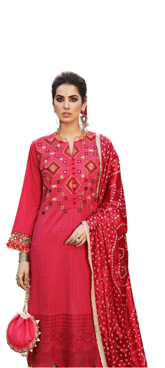 Bandhani Sheeshmehal 3 Piece Suit (Redish Pink)
