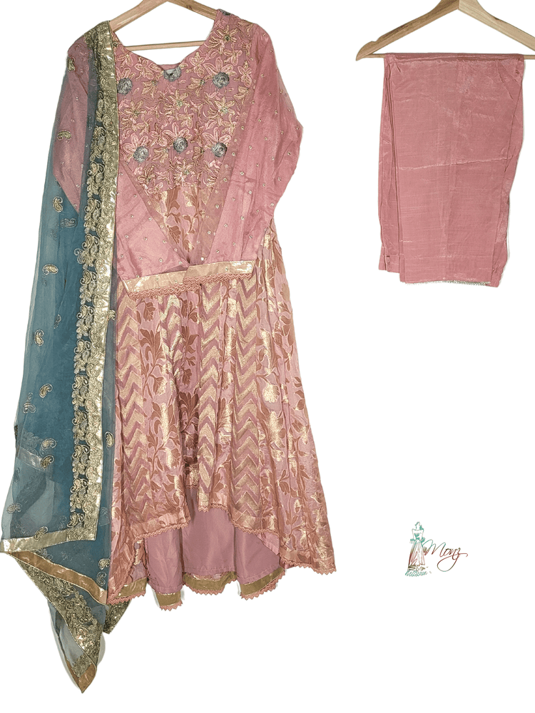 Chiffon Embroidered Trail Style Anarkali Frock Peach & Bluish Green 3 Piece Suit