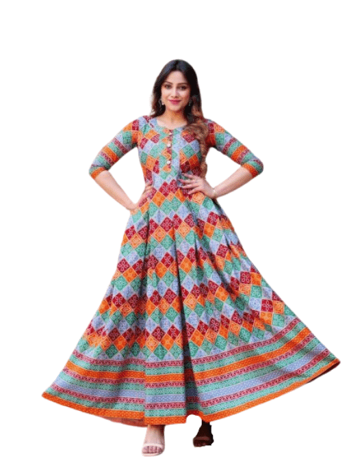 Cotton Long Frock Multi Colour with Manual Work