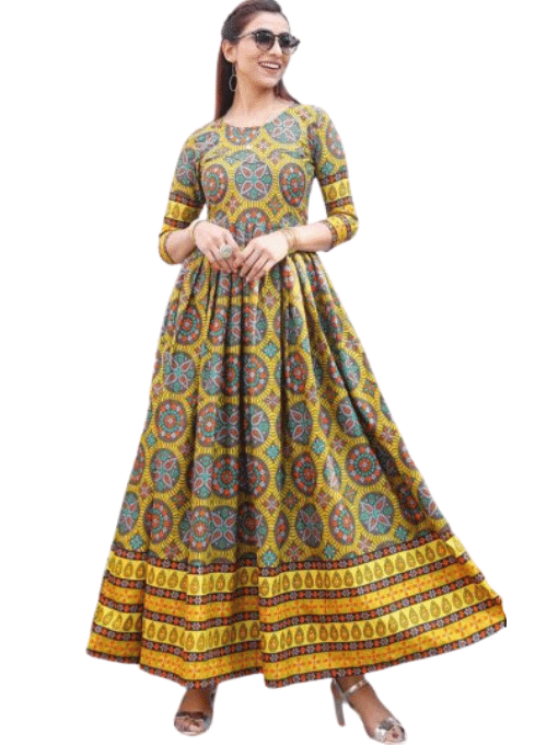 Cotton Long Frock Yellow with Manual Work