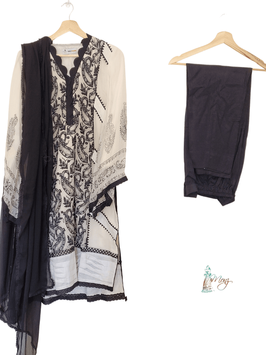 Crinkle Chiffon Black & Beige 3 Piece Suit with Resham Embroidery