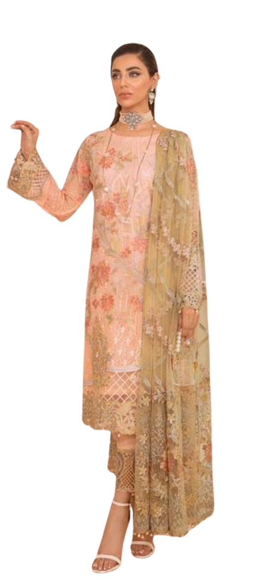 Ramsha Embroidered Chiffon 3 Piece Suit (Peach)