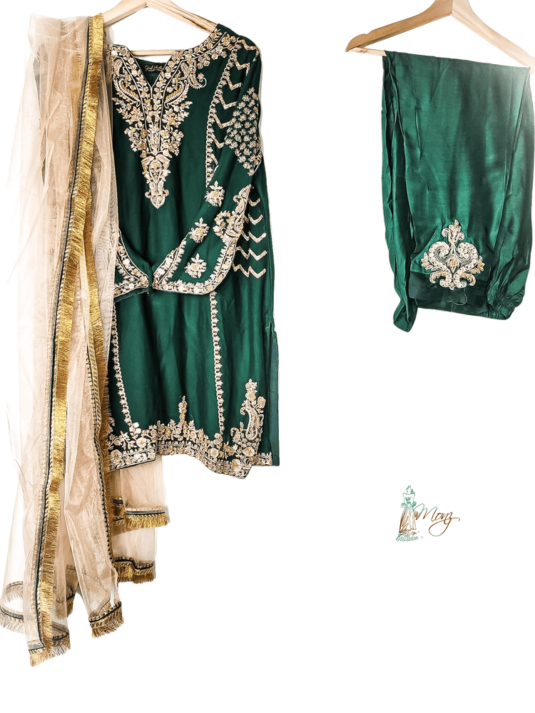 Embroidered Chiffon Bottle Green 3 Piece Suit with Resham Embroidery