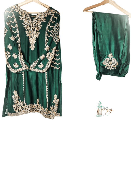 Embroidered Chiffon Bottle Green 3 Piece Suit with Resham Embroidery