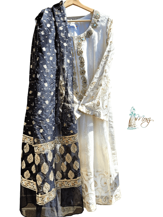 Embroidered Chiffon Milky White 3 Piece Suit with Mirror Work