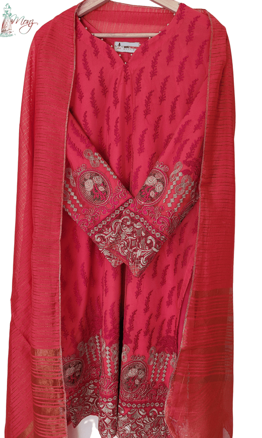 Embroidered Net Hot Pink 2 Piece Suit with Beads on Neckline