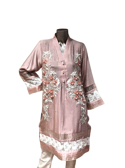 Heavy Embroidered Cotton Net Fancy Tea Pink Shirt