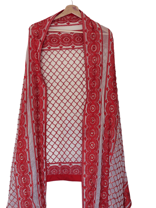 Heavy Embroidered Double Border Chiffon Red & White Dupatta
