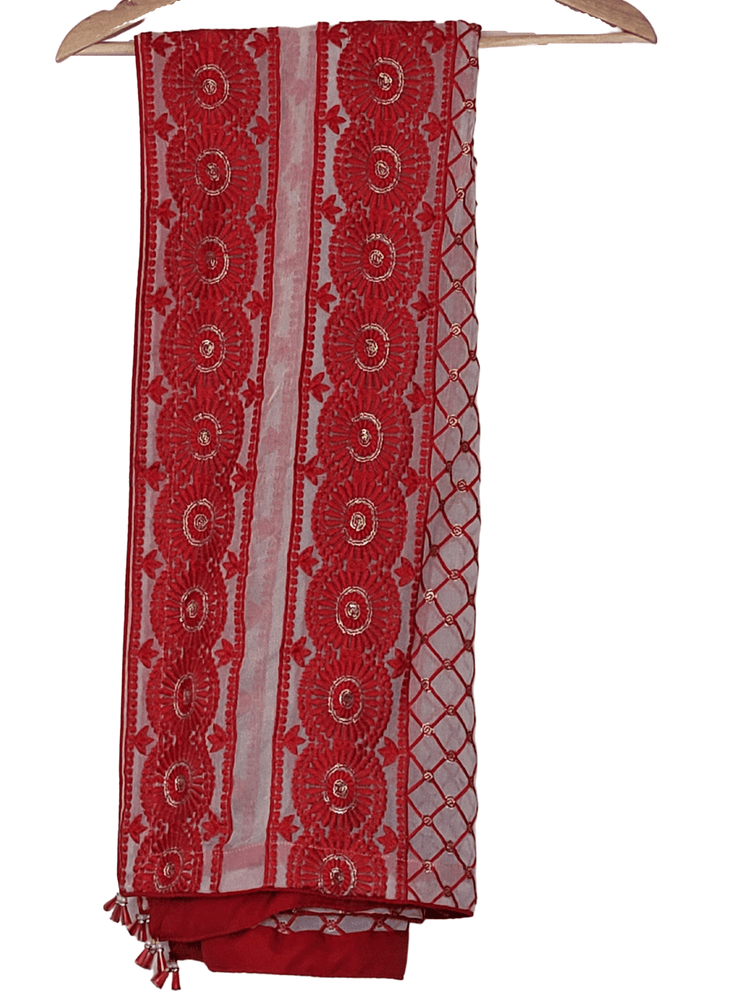 Heavy Embroidered Double Border Chiffon Red & White Dupatta