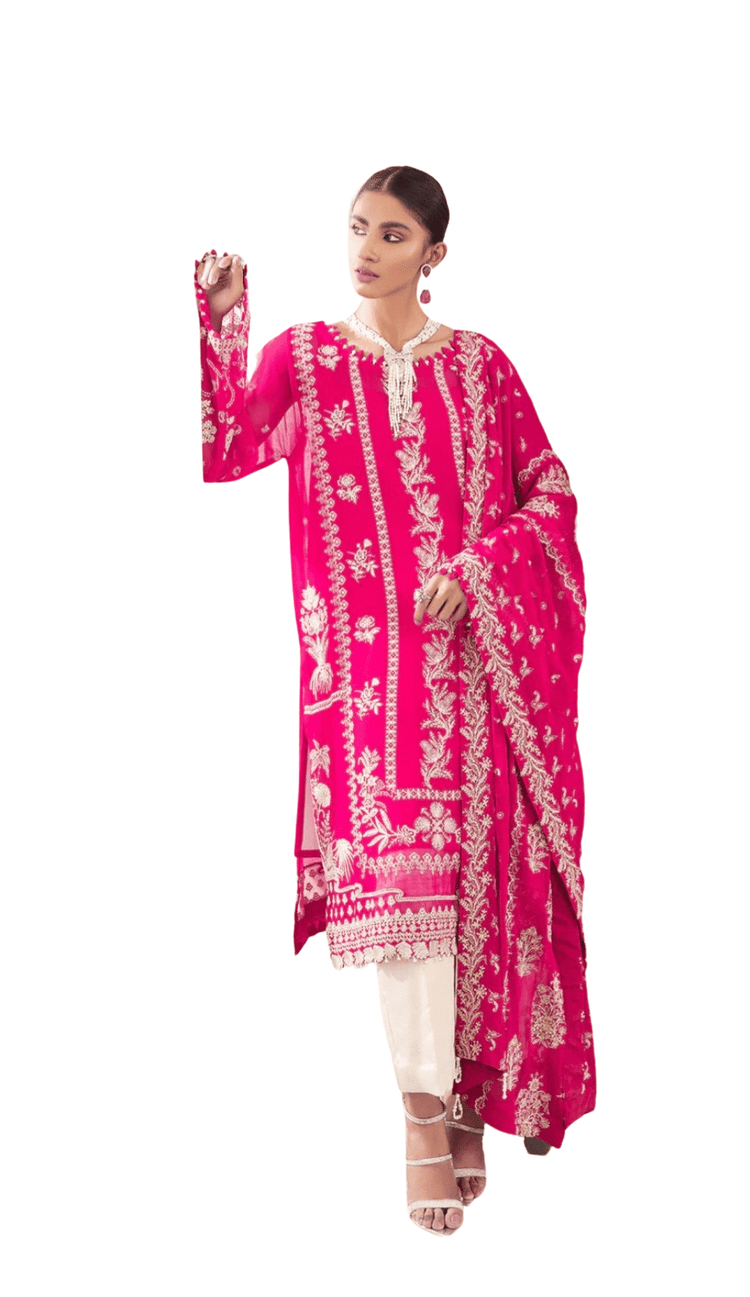Hot Pink Embroiderd Chiffon 3 Piece Dress