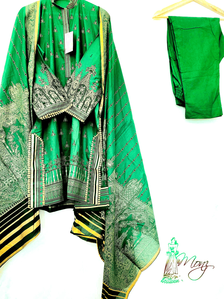 Junaid Jamshed Bottle Green Printed Lawn 3 Piece Suit