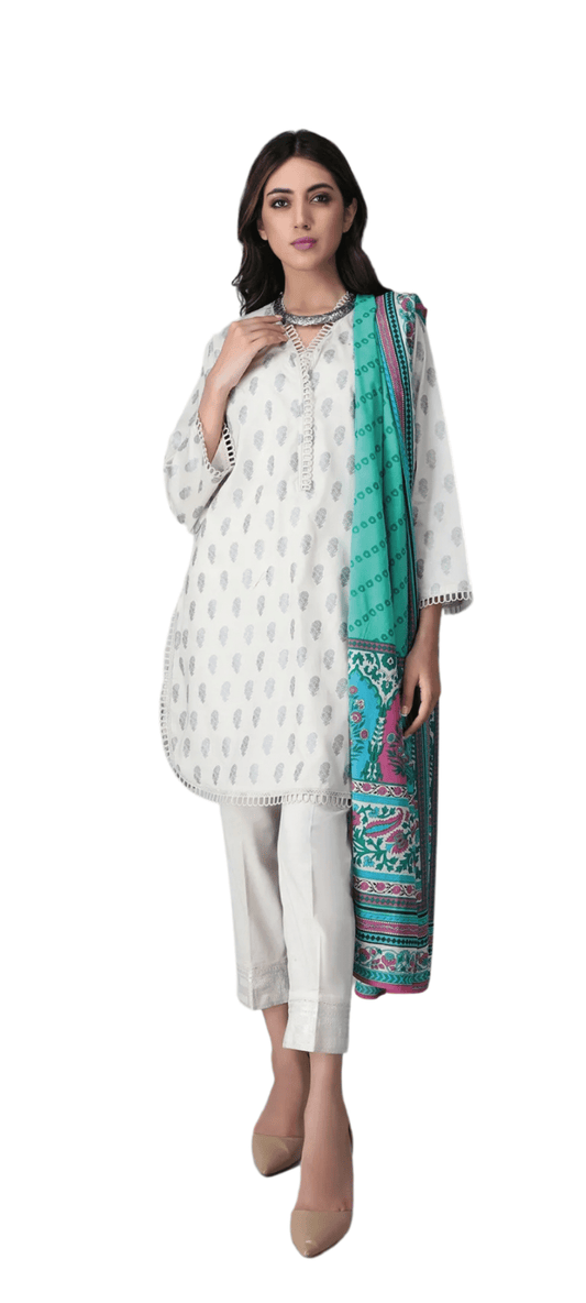 Khaadi Cambric White & Green 2 Piece Suit