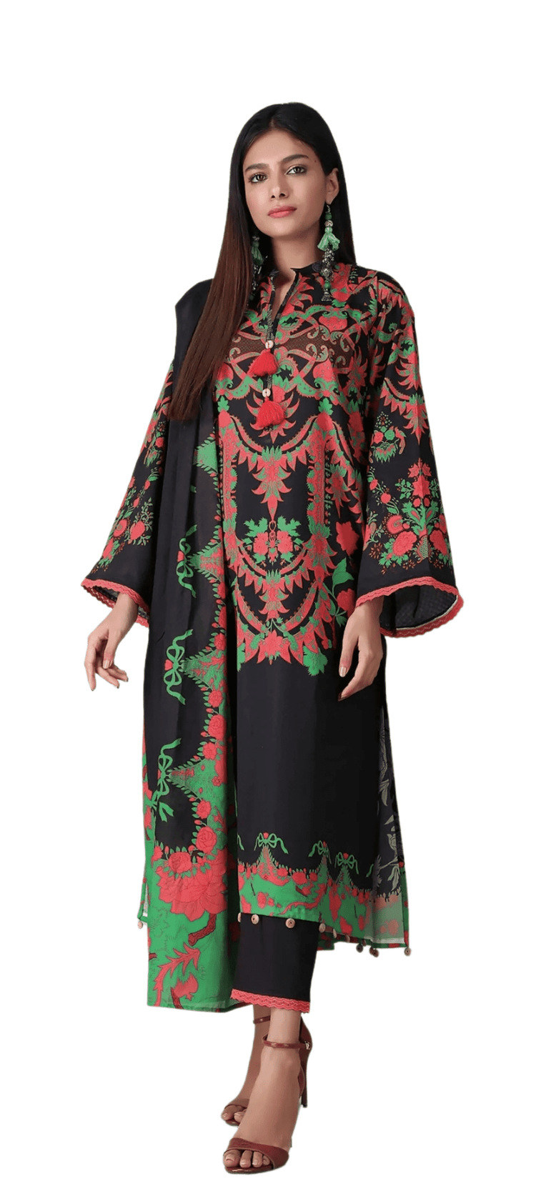 Khaadi Printed Black & Red Lawn 3 Piece Suit