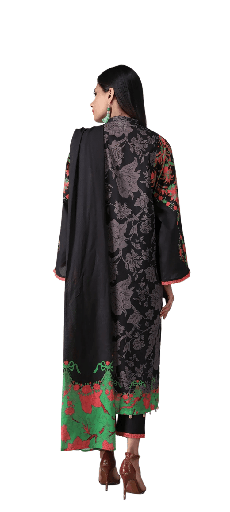Khaadi Printed Black & Red Lawn 3 Piece Suit