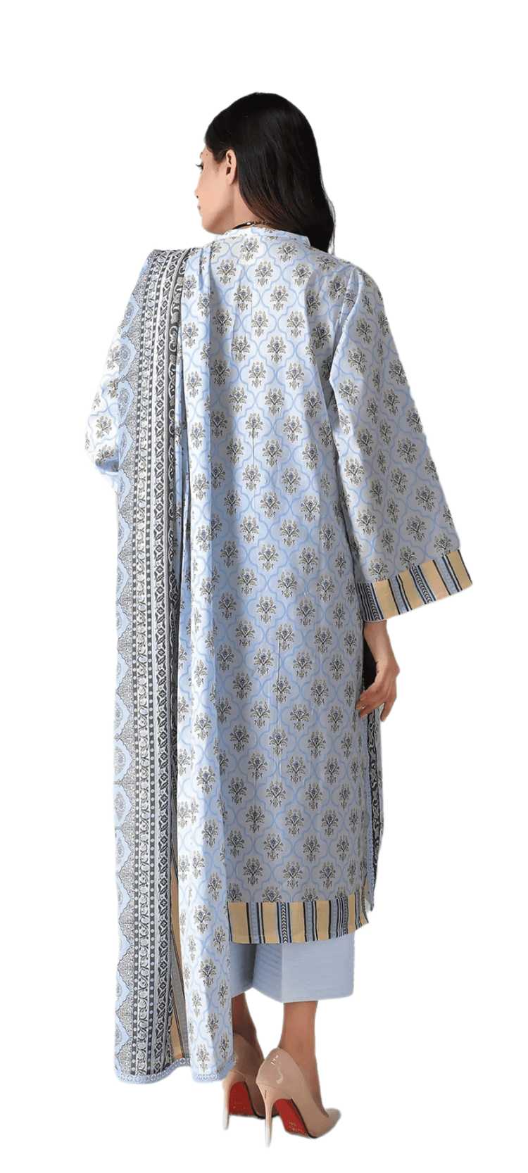 Khaadi Printed Lawn Light Blue 3 Piece Suit