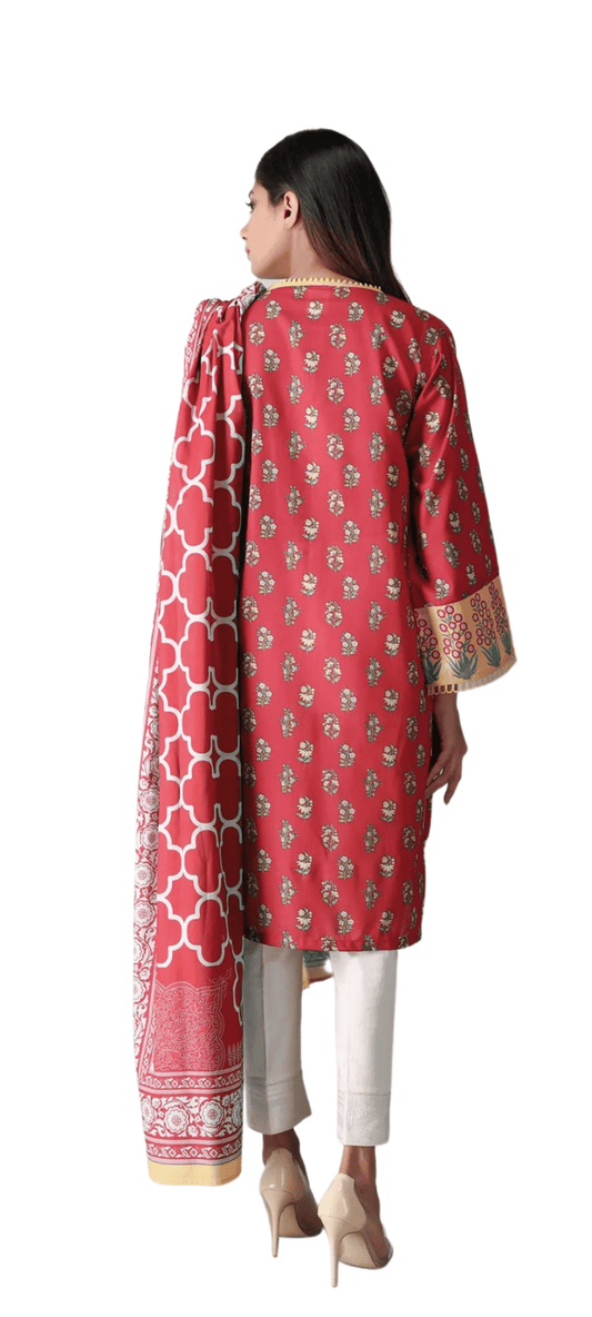 Khaadi Printed Red & Beige Lawn 2 Piece Suit