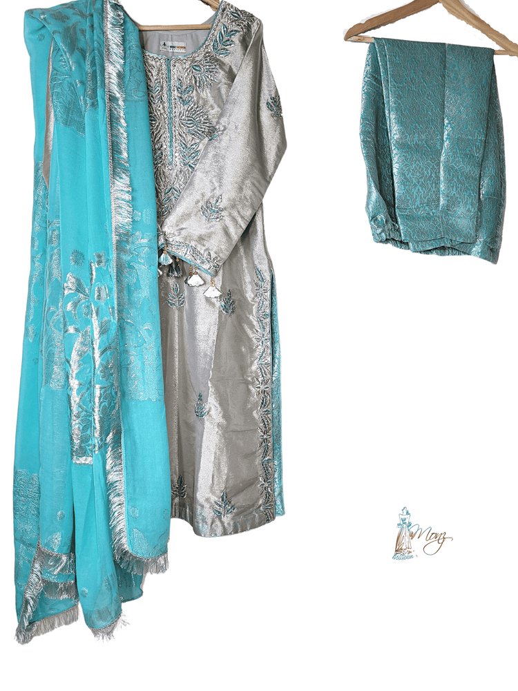 Lamba Tissue Embroidered Light Blue & Silver 3 Piece Suit with Zari Cora Dabka