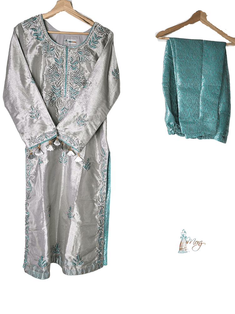 Lamba Tissue Embroidered Light Blue & Silver 3 Piece Suit with Zari Cora Dabka