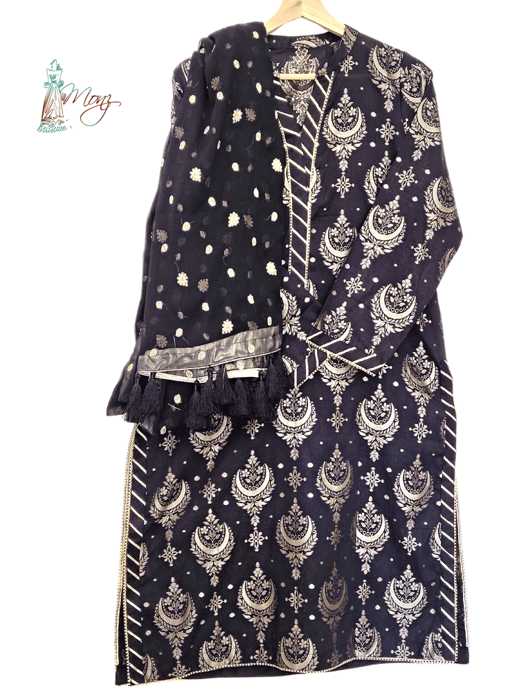 Luxury Cotton Jacquard Black 3 Piece Gharara Suit with intricate detailing