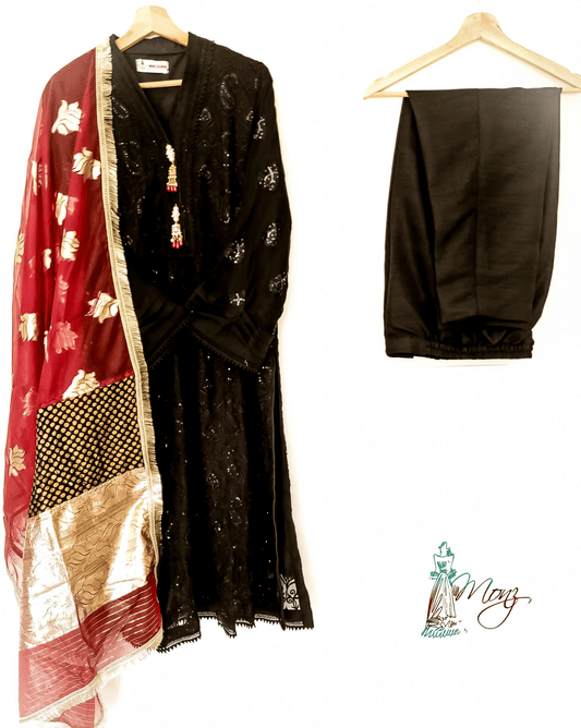 Luxury Embroidered Chiffon Black & Red 3 Piece Suit with Lace Detailing