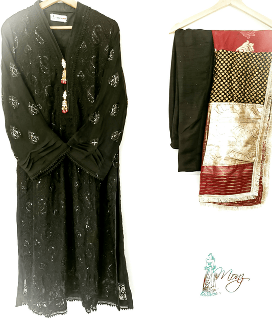 Luxury Embroidered Chiffon Black & Red 3 Piece Suit with Lace Detailing