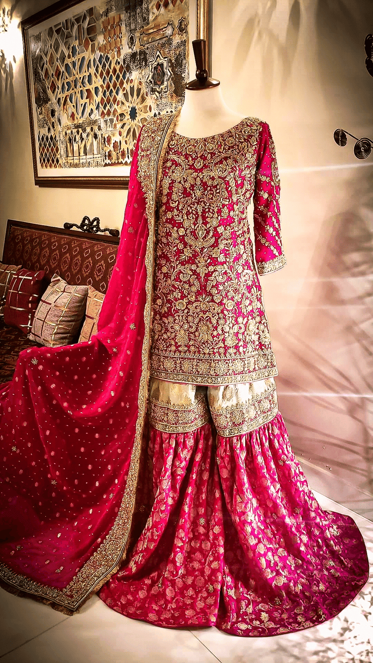 Pink & Golden Gharara Bridal Wear