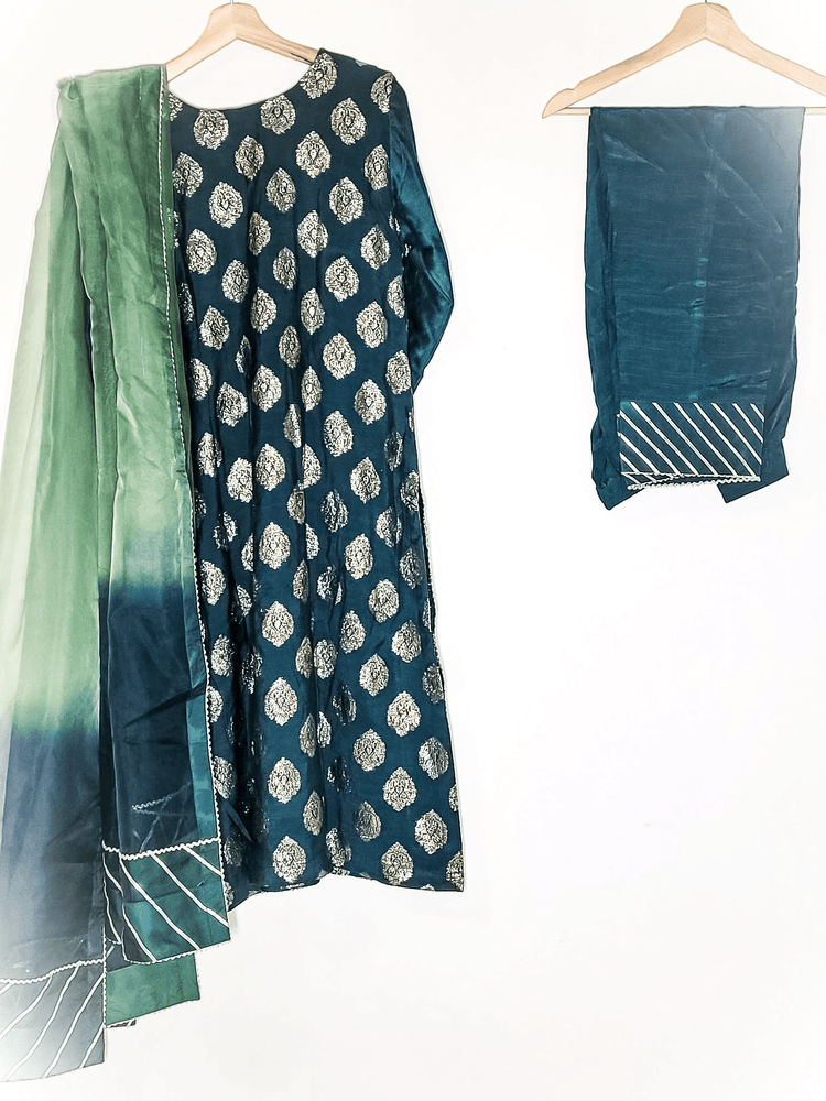 Pure Banarsi Cotton Silk Bottle Green 3 Piece Suit with lace detailing