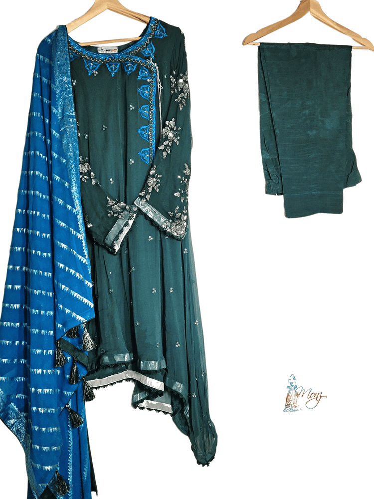 Pure Chiffon Slant Cut Green & Ferozi Embroidered 3 Piece Anarkali Suit