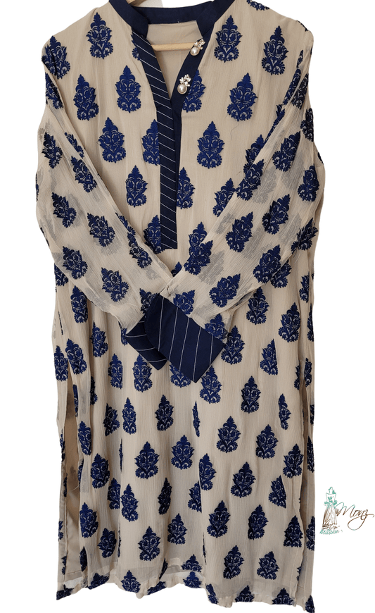 Pure Crinkle Chiffon Embroidered Beige & Dark Navy Blue Chiffon 3 Piece Suit