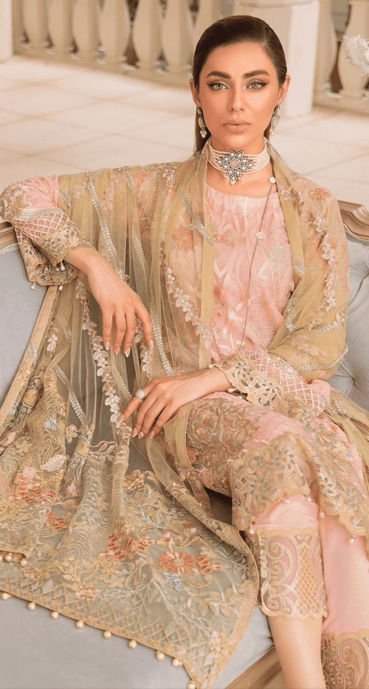 Ramsha Embroidered Chiffon 3 Piece Suit (Peach)