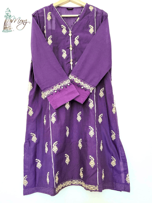 Sapphire Purple Embroidered Cotton Mehsoori Shirt with beads & buttons