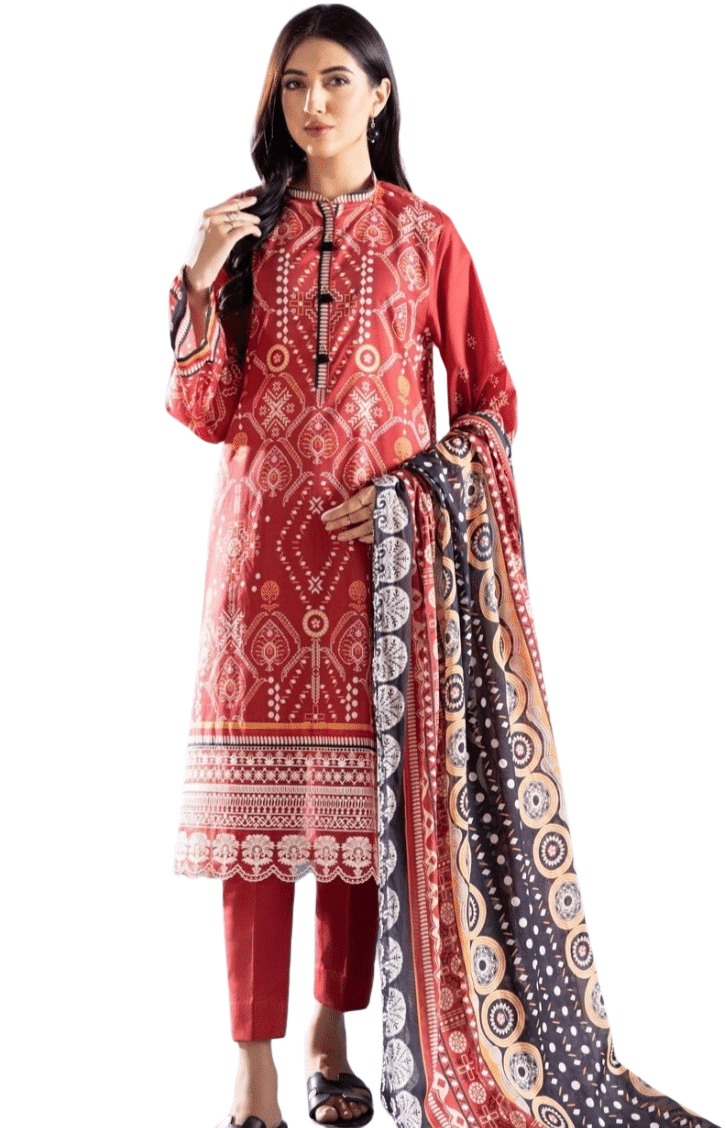 Sapphire Red & White Printed Lawn 3 Piece Suit