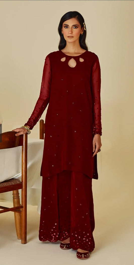 Burnt Red Chiffon Formal 3 Piece Suit