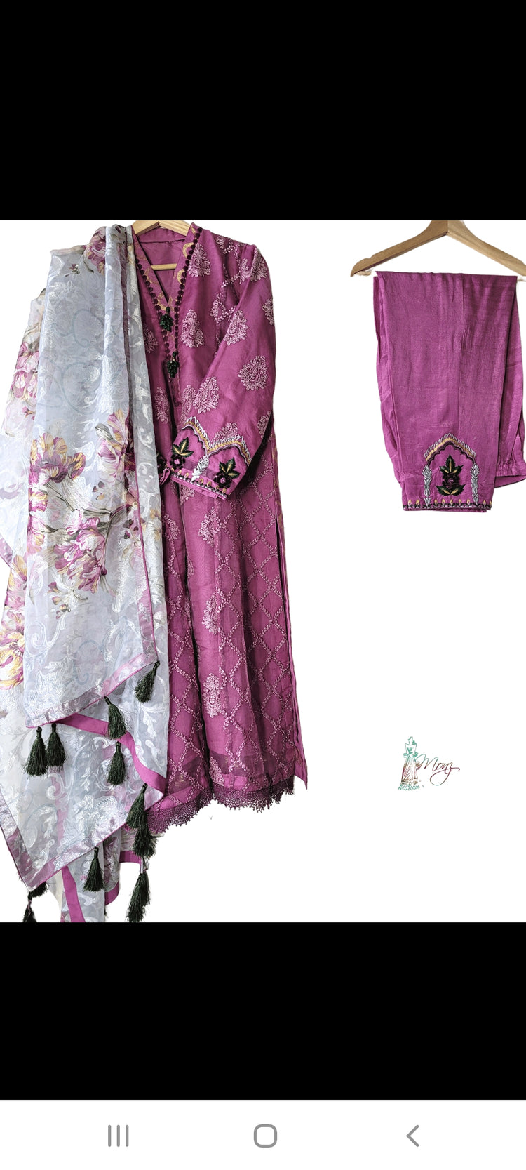 Embroidered Luxury Organza Mauve 3 Piece Suit with Mirror Resham Embroidery