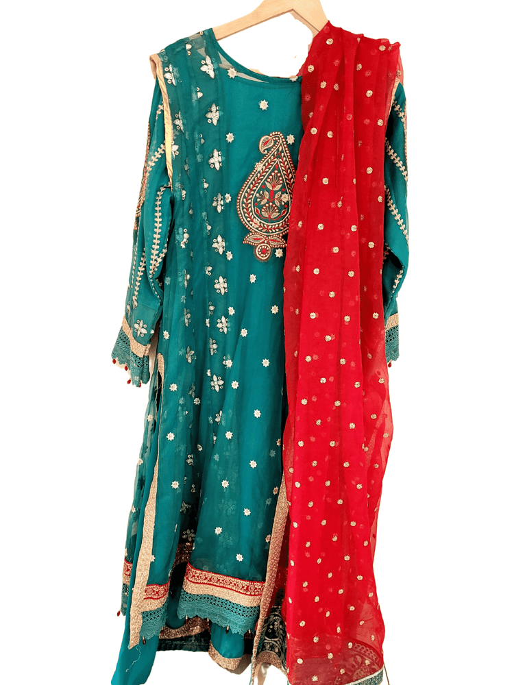 Sea Green & Red Fancy Gown 4 Piece Suit