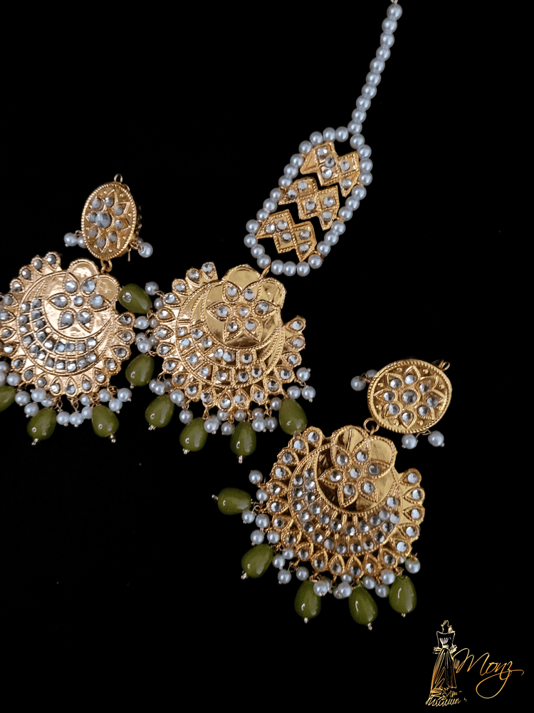 Teeka Bali Set With Pearls (Mehndi Green & Golden)