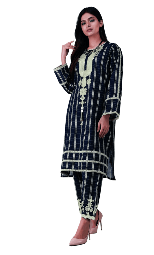 Vertical Line Embroidered 2 Piece Suit