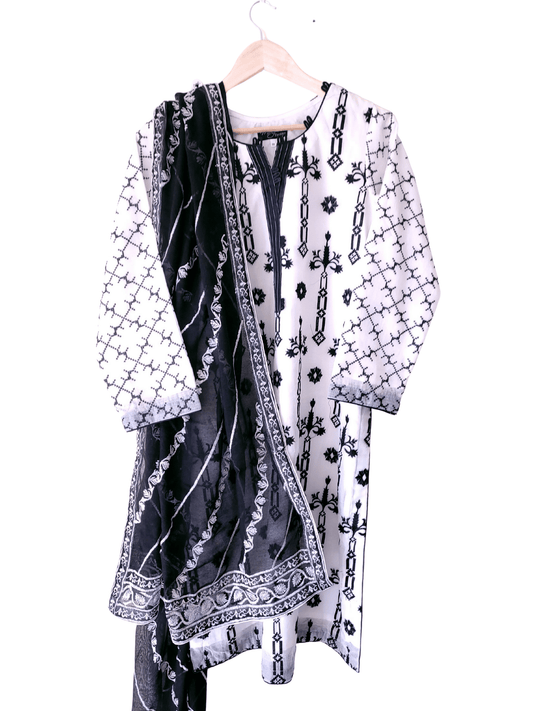 White & Black Khaddi Net 2 Piece Suit