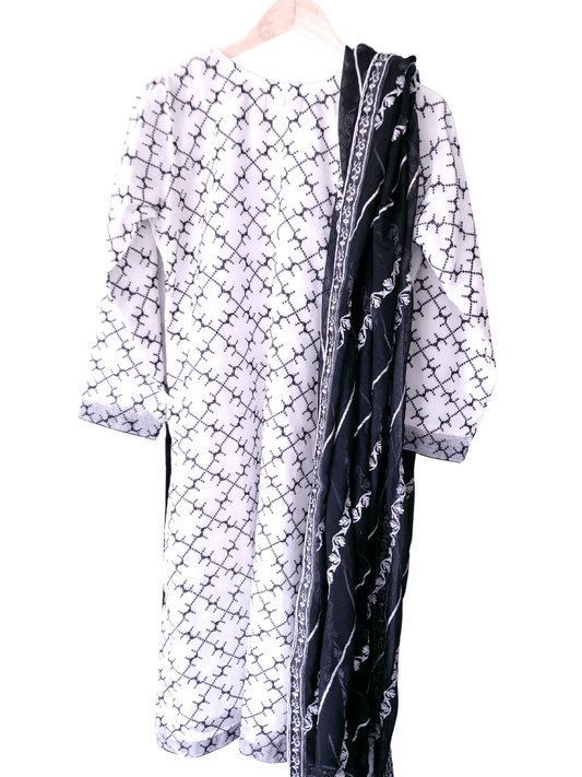 White & Black Khaddi Net 2 Piece Suit